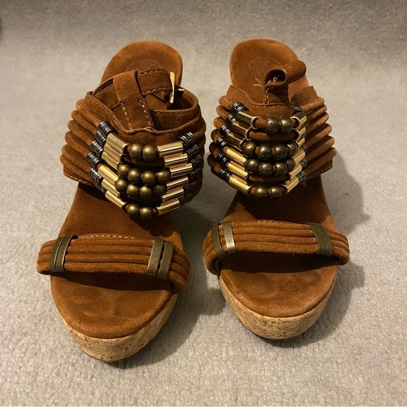 Tory Burch Wedge Heels Women’s 9M Brown Leather Cork Beaded *Missing Ankle Strap - Picture 4 of 12